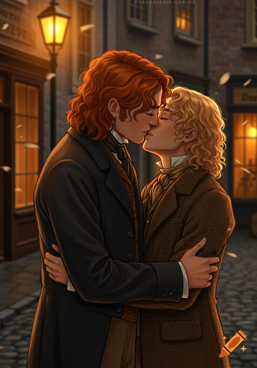 An illustrated scene of two men with historical attire kissing on a cobblestone street at night, with lanterns glowing.
