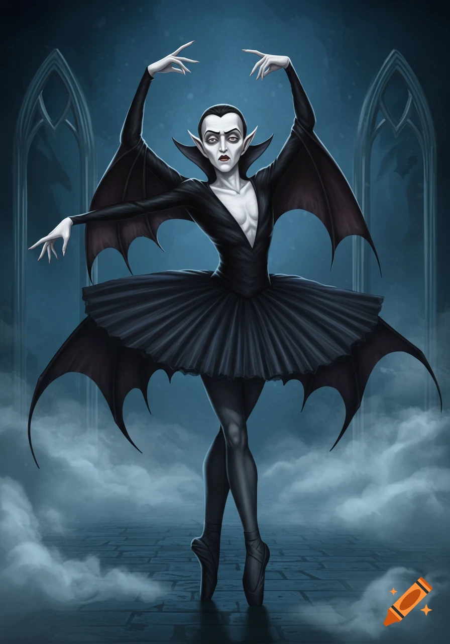 A stylized vampire ballerina in a black tutu with bat-like wings, posing en pointe in a foggy, gothic setting with arched windows.