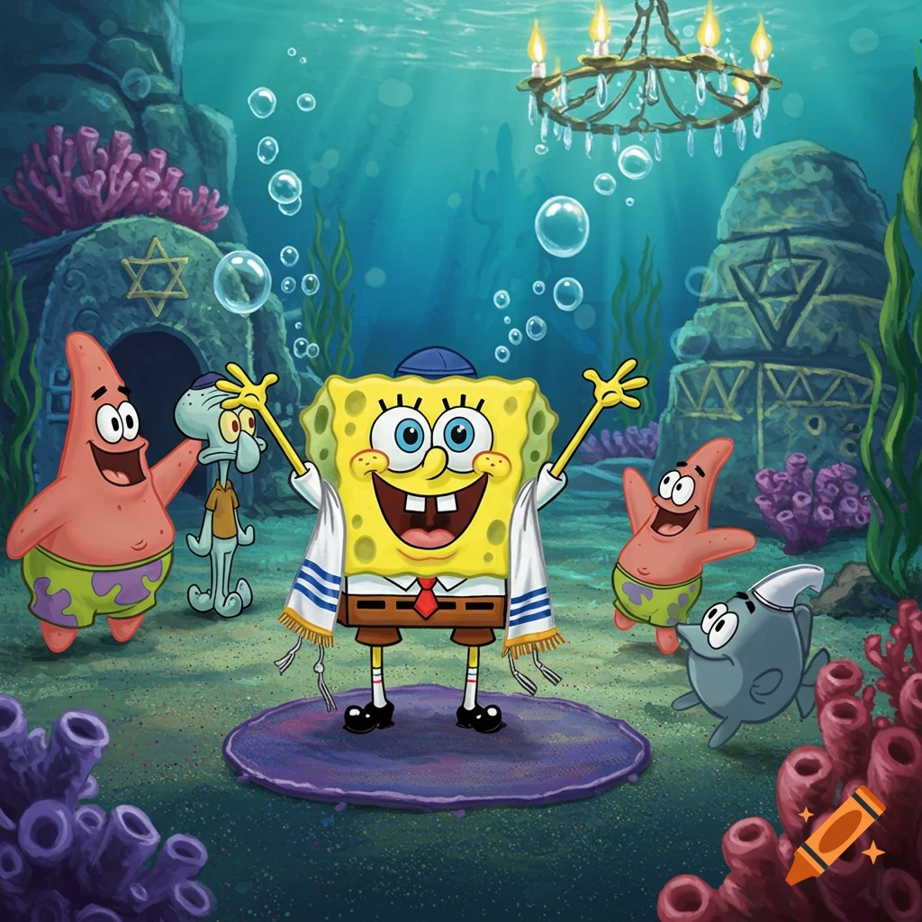 SpongeBob SquarePants wearing a yarmulke and tallit, celebrating with Patrick, Squidward, and a fish in an underwater scene with Star of David structures.