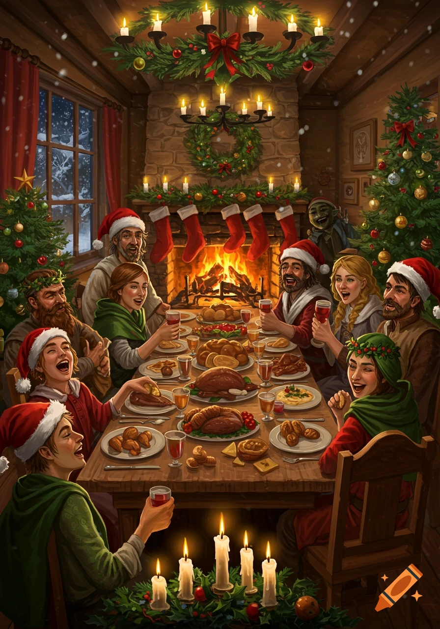 Fantasy illustration of a joyful, diverse group in Santa hats sharing a Christmas feast at a candlelit table, with a warm fireplace and decorated trees.