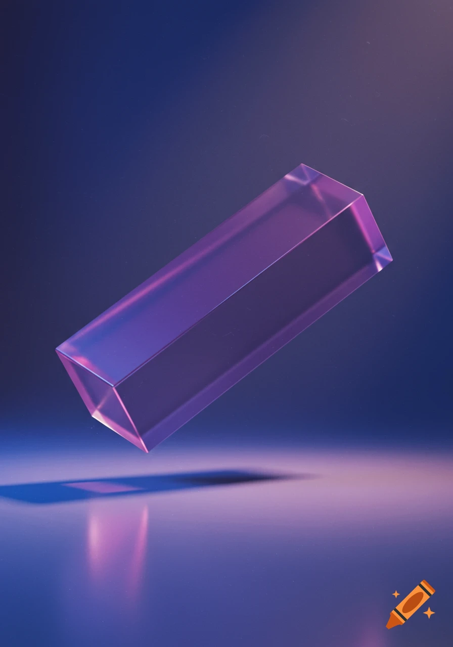 A translucent purple rectangular prism floats above a reflective surface, illuminated by blue and purple light.