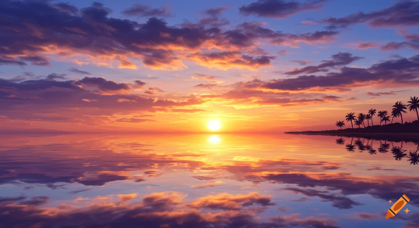 A vibrant sunset over calm tropical waters with silhouetted palm trees on a distant shore, reflecting the colorful sky.