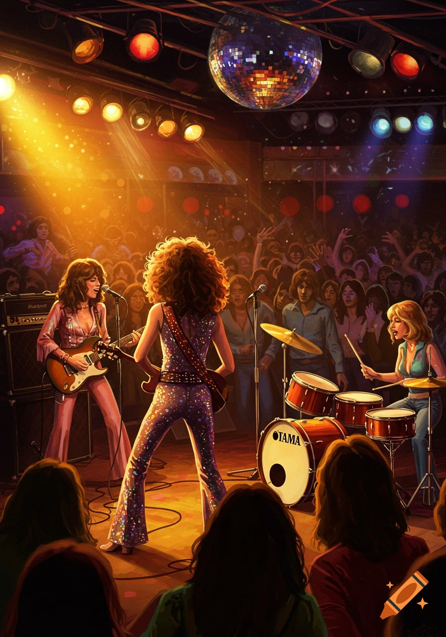 An all-female rock band performs on a brightly lit stage in a 1970s club with a disco ball, in a vibrant illustration.