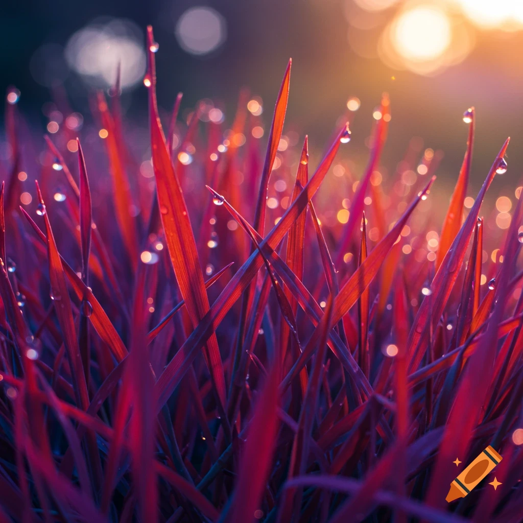 Vivid red and purple grass blades covered in shimmering dew drops, with a soft, bokeh background of orange light.