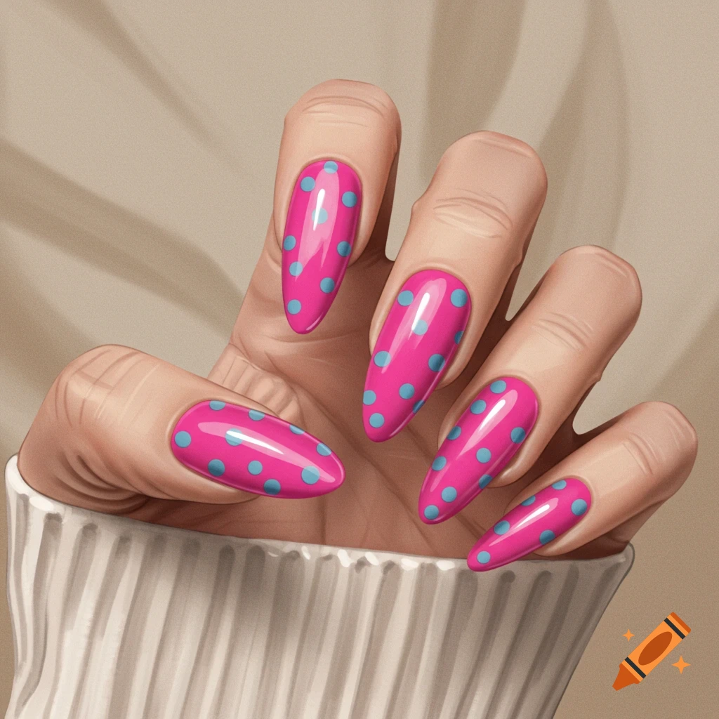 A hand with hot pink, almond-shaped nails featuring periwinkle polka dots, wearing a white sweater.