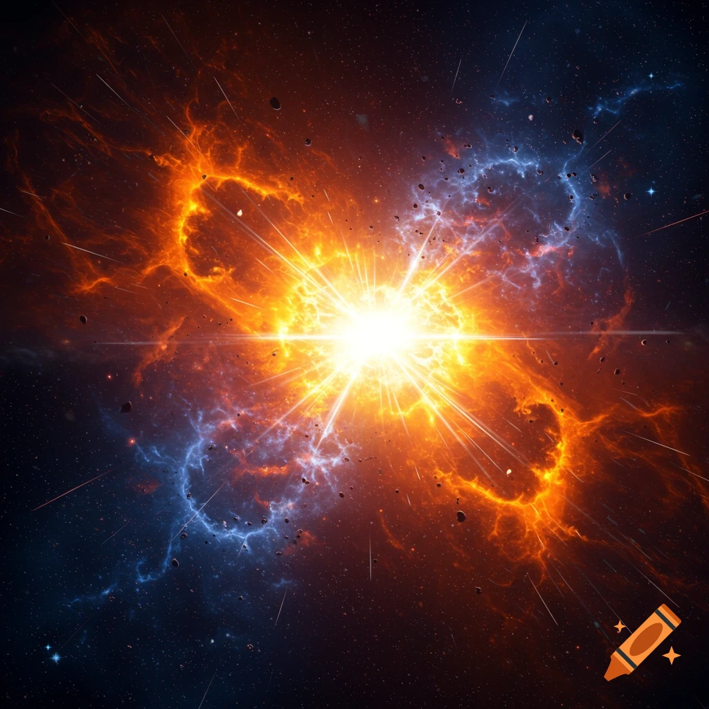 A brilliant, fiery cosmic explosion with orange and blue nebulas and debris against a dark starfield.