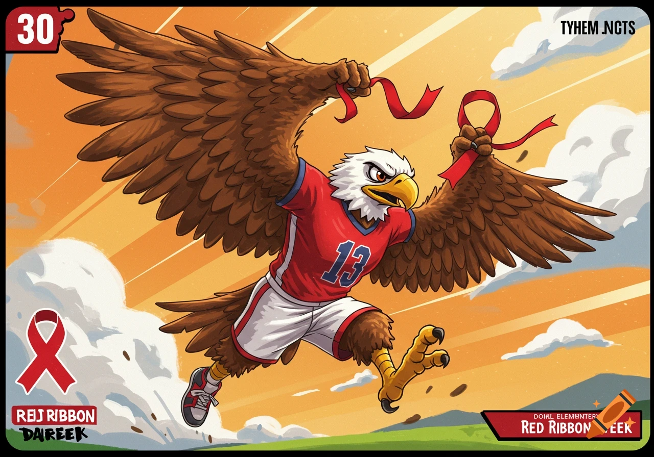 A cartoon eagle mascot in a red and blue uniform with the number 13, holding red ribbons, flies downwards against an orange sky. The image is styled like a trading card with various text elements.