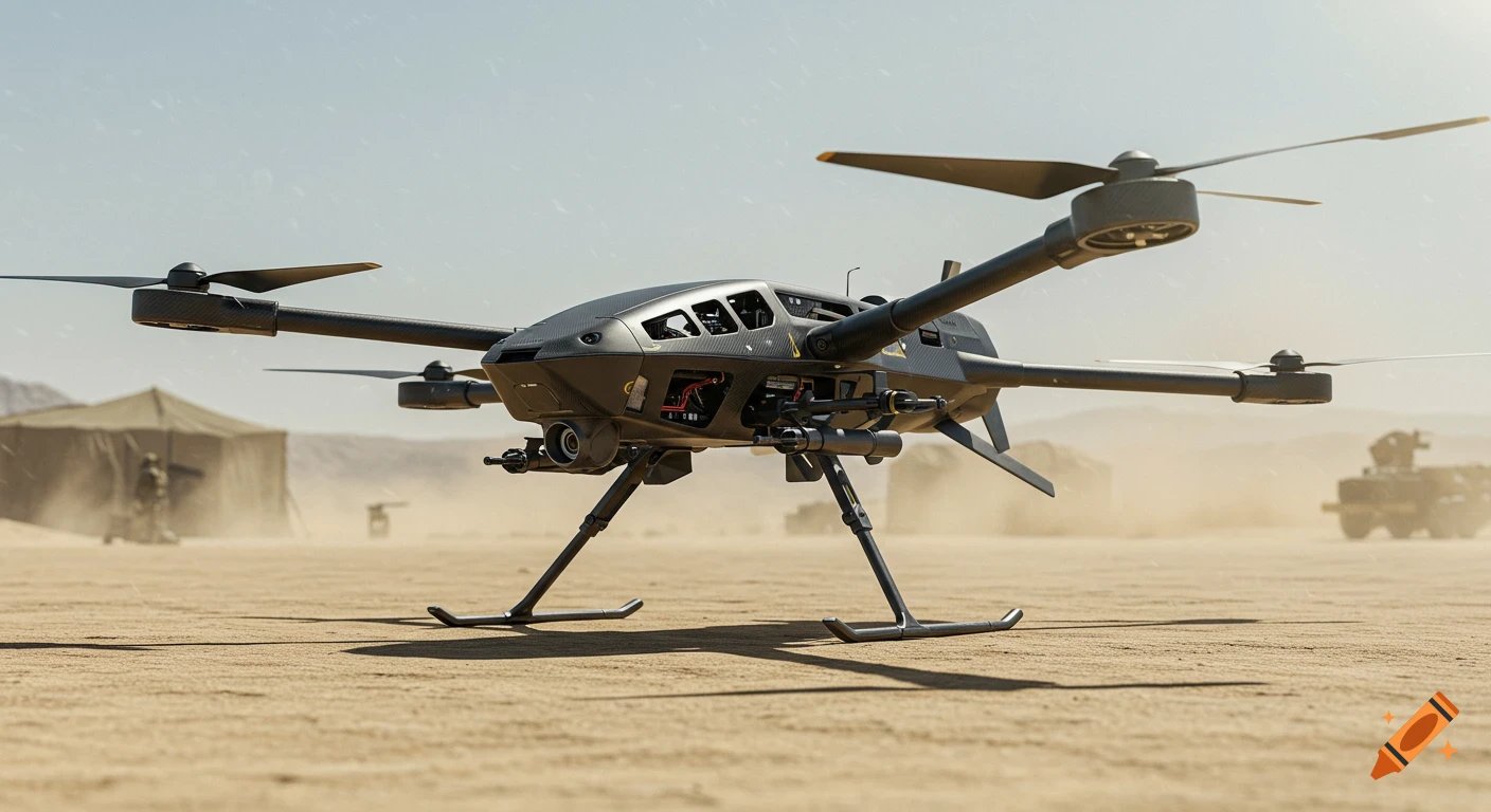 A highly detailed engineering render of a futuristic military quadcopter drone on a dusty desert forward operating base with a tent and vehicle in the background.