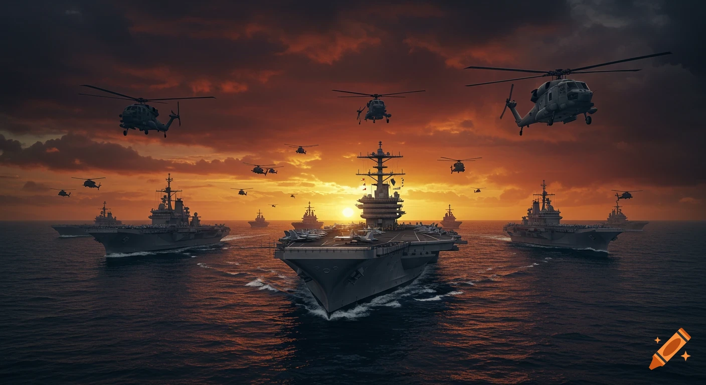 A US aircraft carrier battle group with military helicopters sailing at a dramatic sunset under storm clouds in a realistic photographic style.