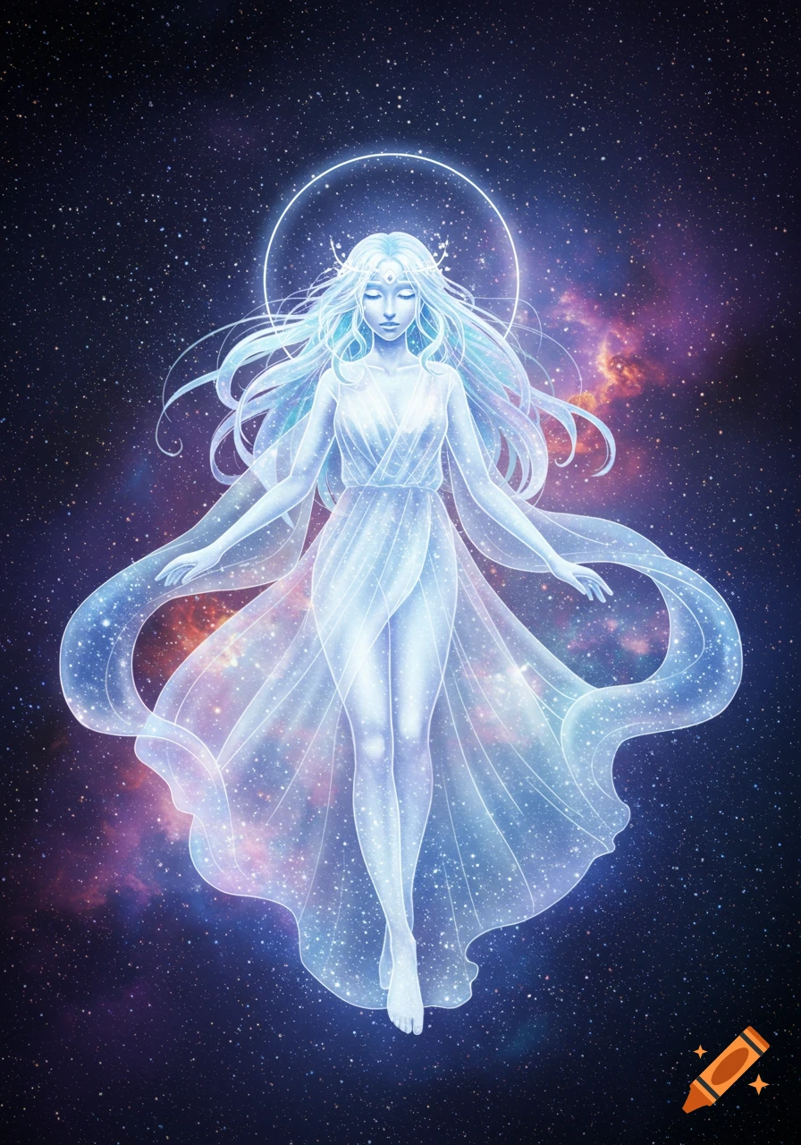 Ethereal glowing female figure with flowing hair and dress, floating against a vibrant cosmic background of stars and nebulae.