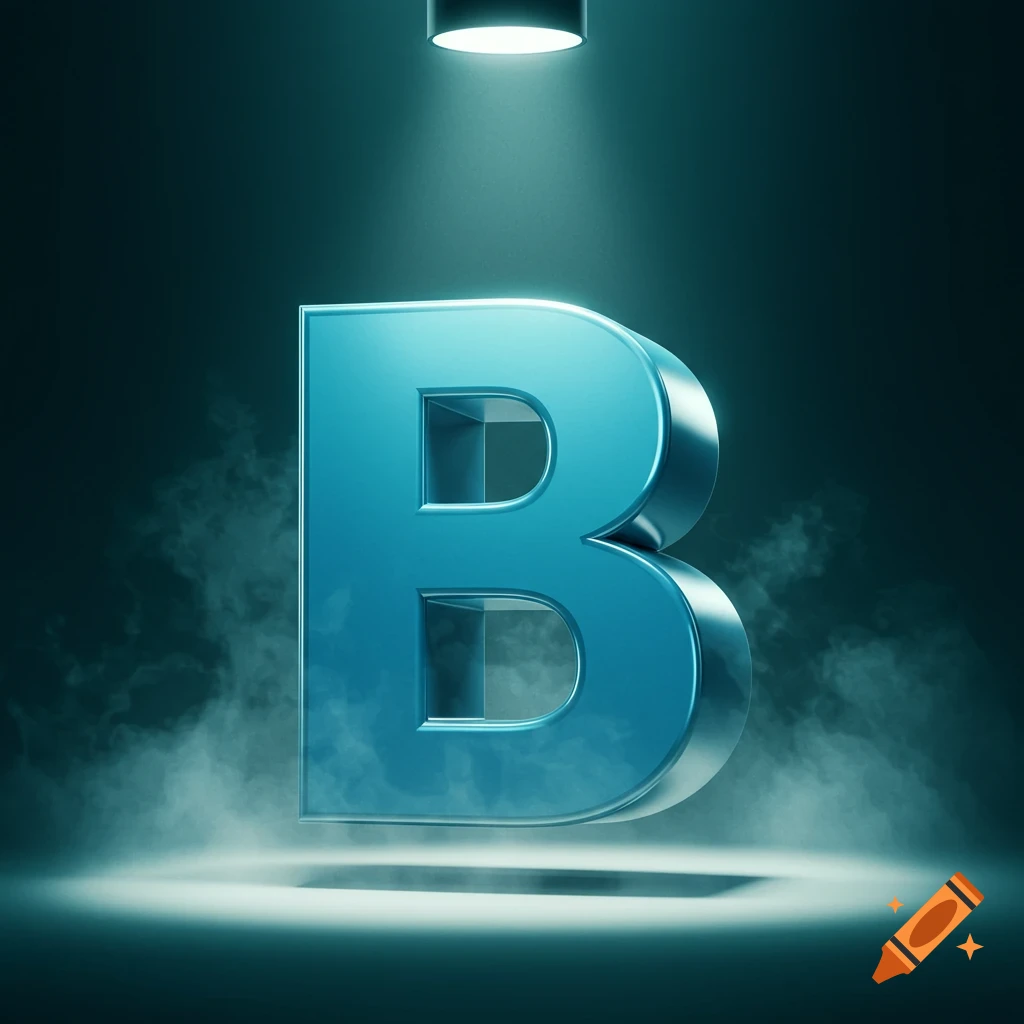 A metallic blue 3D letter 'B' is spotlighted from above, surrounded by smoke on a dark, reflective surface.