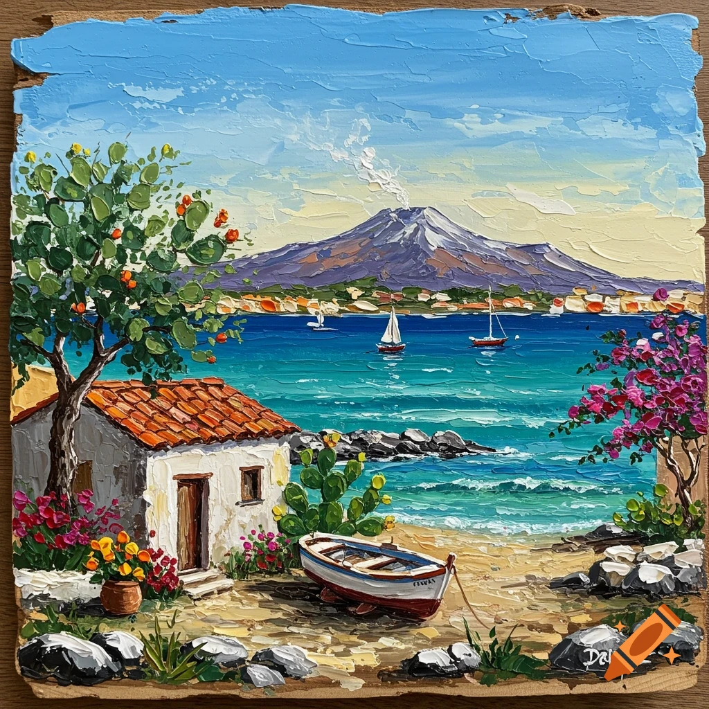 Textured oil painting of a Sicilian coastal scene with a white house, traditional boat, Mount Etna smoking in the distance, and vibrant flowers, painted on rustic wood.