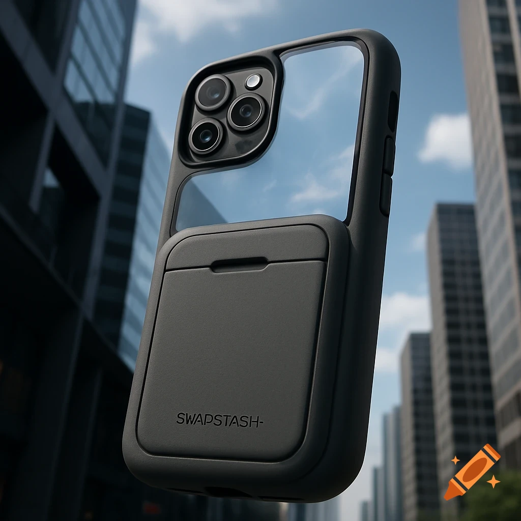 A black phone case with a clear back and a hidden sliding compartment on the bottom, displaying 'SWAPSTASH-' against a city skyline.