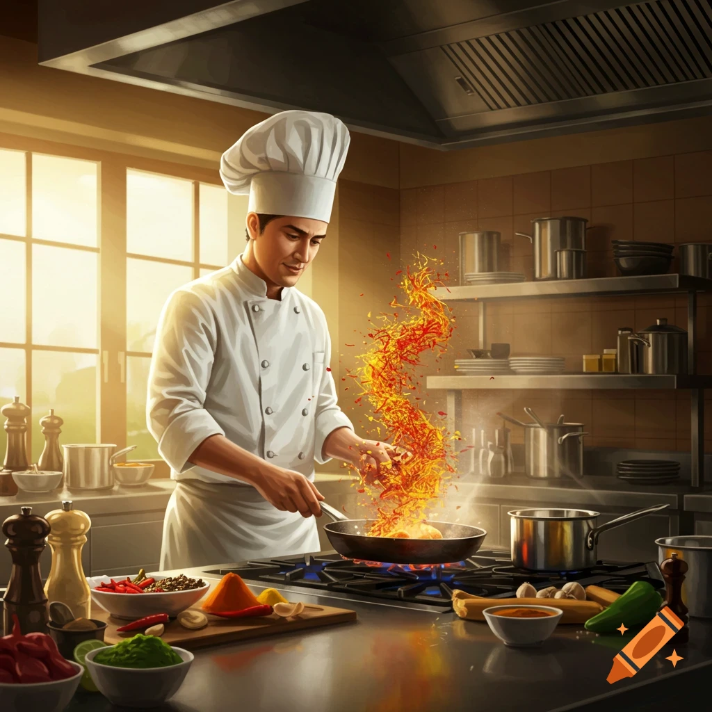 A male chef in a white uniform adds fiery spices to a pan on a stove in a well-lit kitchen.