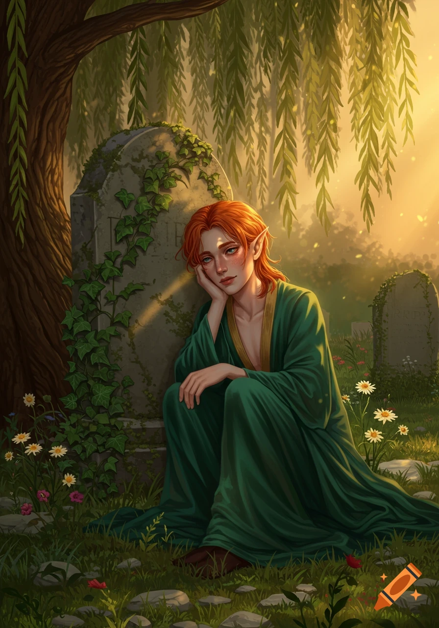 A melancholic, red-haired elf sits against an ivy-covered gravestone under a weeping willow at sunset in a detailed digital art style.