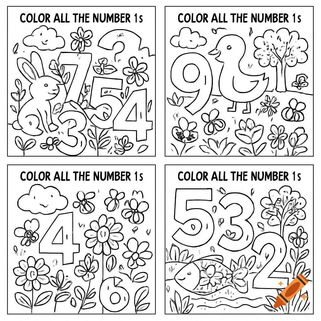 Four black and white coloring pages with animals, flowers, and various numbers, instructing to color all number 1s.