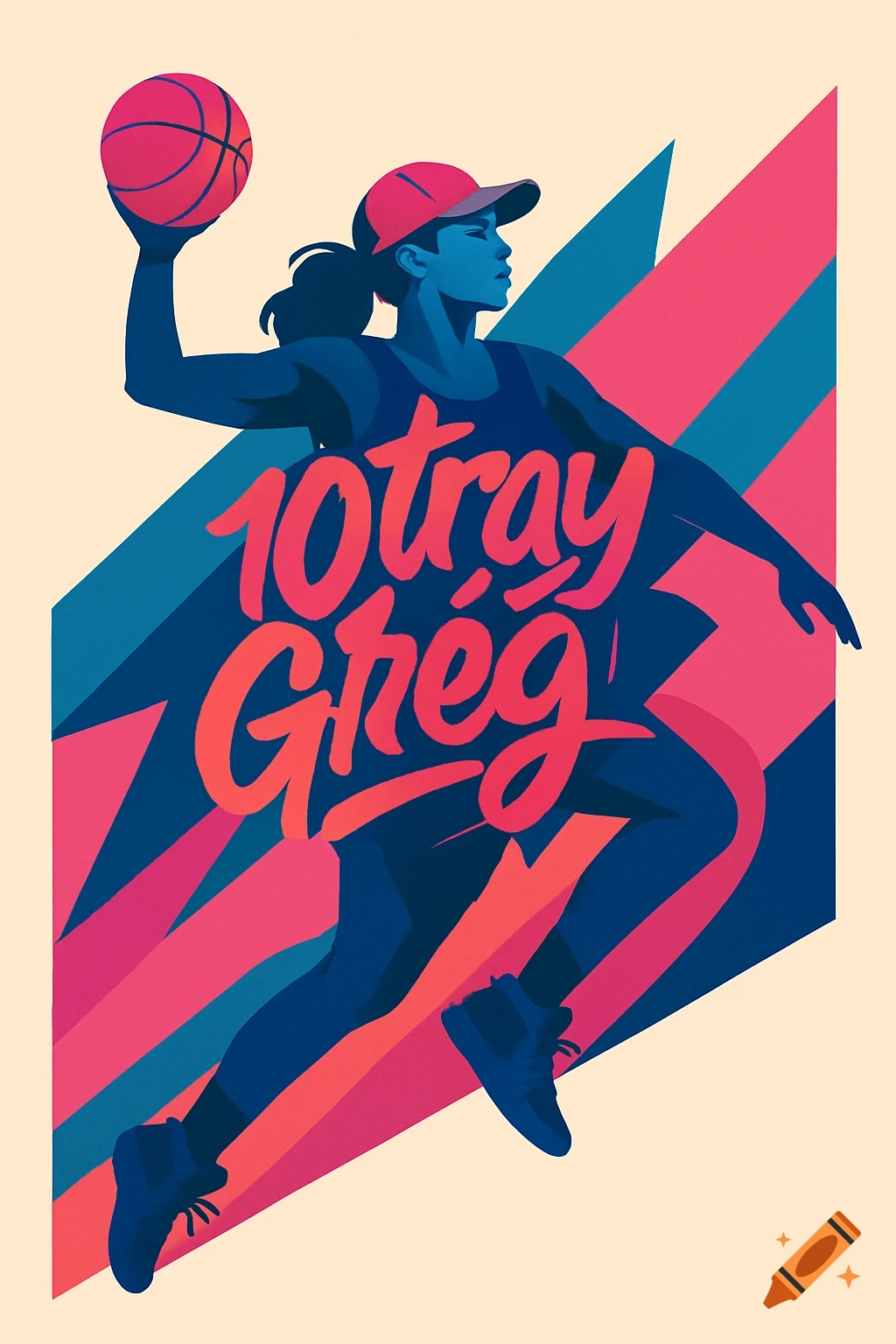 A stylized graphic of a female basketball player in blue, wearing a red cap, holding a basketball, with "10tray Grég" text. The background features dynamic pink and blue stripes.