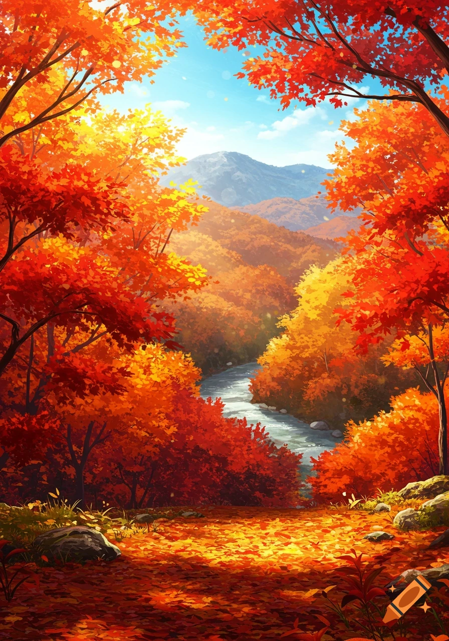 Vibrant anime-style landscape of an autumn forest with red and orange trees, a winding river, and distant mountains under a blue sky.