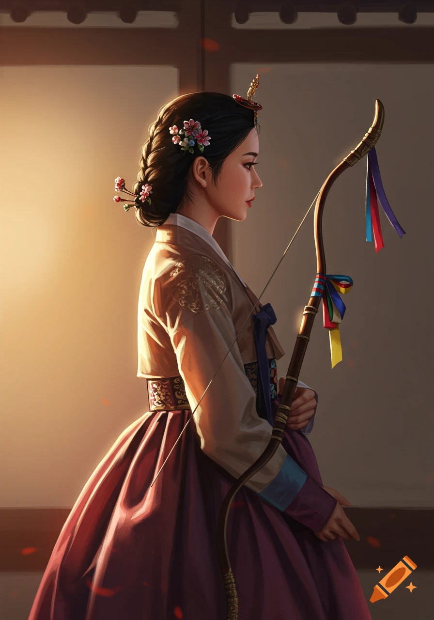 A beautiful Korean woman in traditional Hanbok, with braided hair adorned with flowers, stands in profile holding a bow.