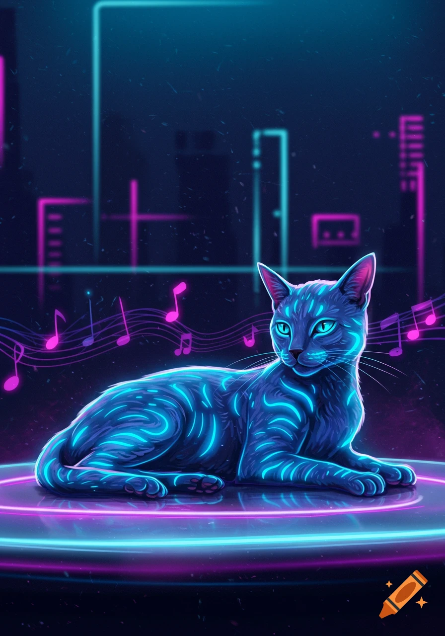 A stylized blue cat with glowing neon patterns and turquoise eyes lies on a neon ring, with floating musical notes and a futuristic city skyline in the background.