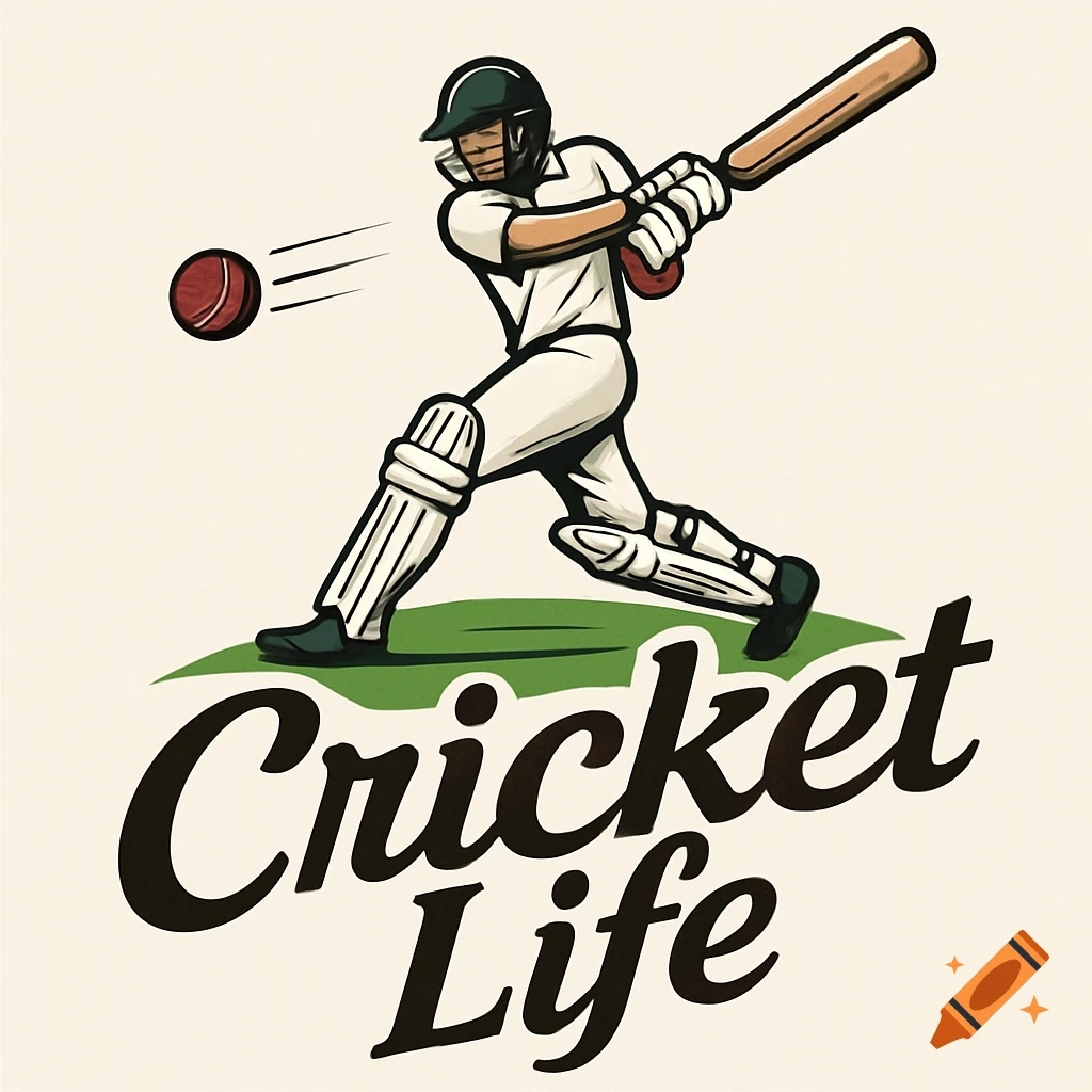 A stylized logo illustration of a cricket batter swinging a bat at a cricket ball, with the text "Cricket Life" written below on a grassy base.