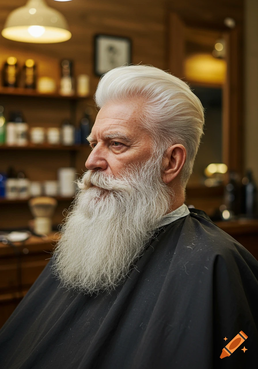Photorealistic portrait of an elderly man with white hair and a long white beard, wearing a barber's cape in a barbershop.