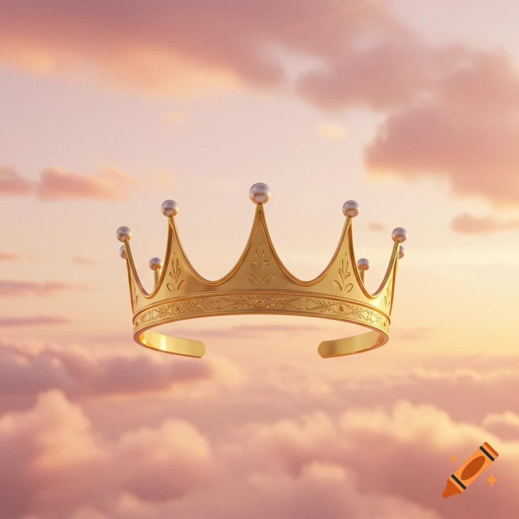A golden crown with pearl details floats in a soft, pastel-colored cloudy sky.