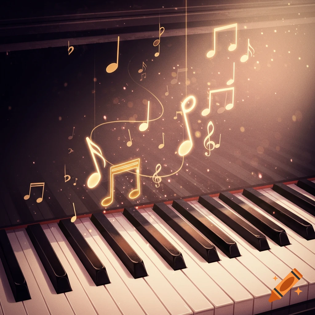 A close-up of a piano keyboard with glowing musical notes floating above it, emanating a warm light.