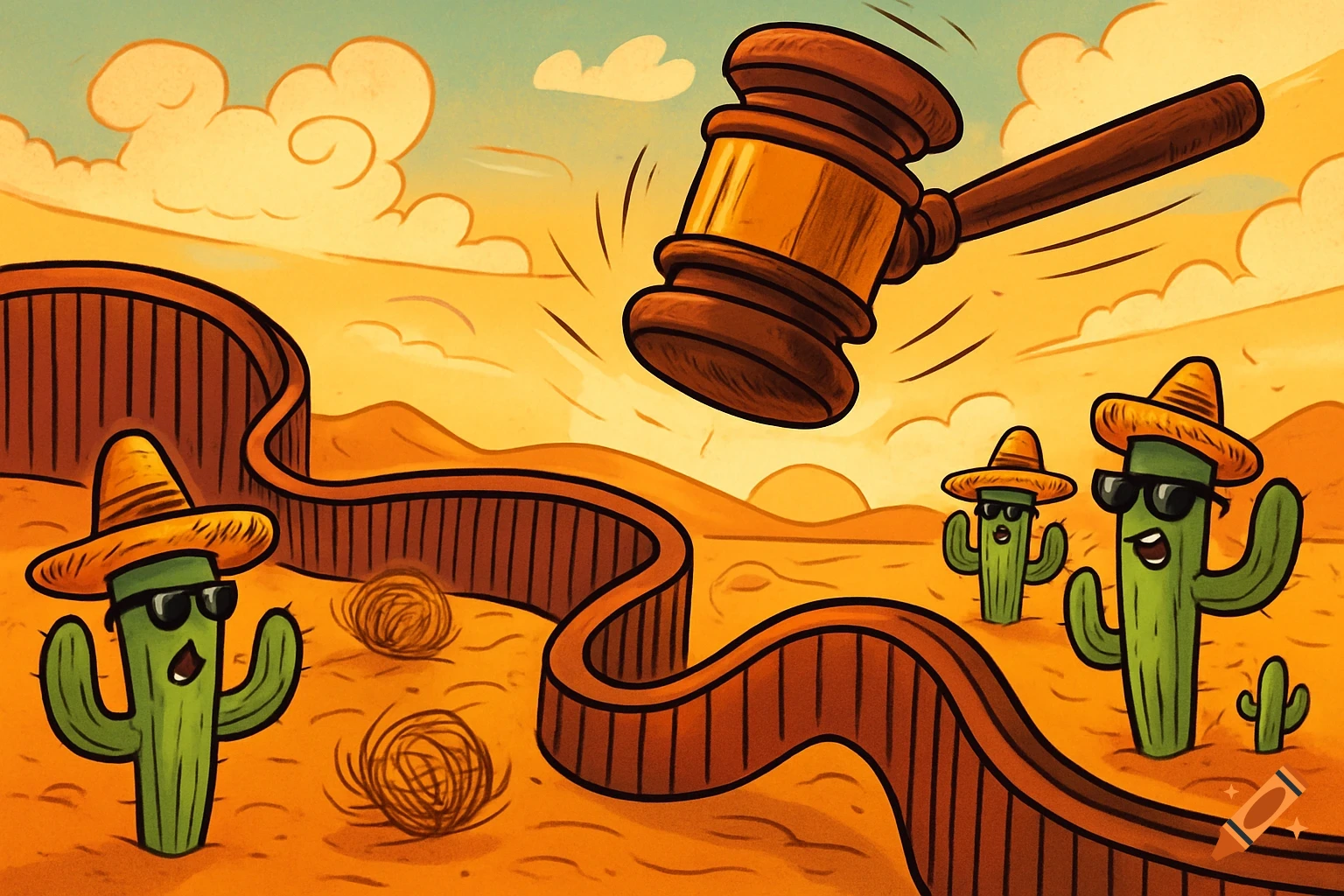 Cartoon cacti in sombreros and sunglasses stand in a desert with a wavy border wall; a giant gavel hovers above them.