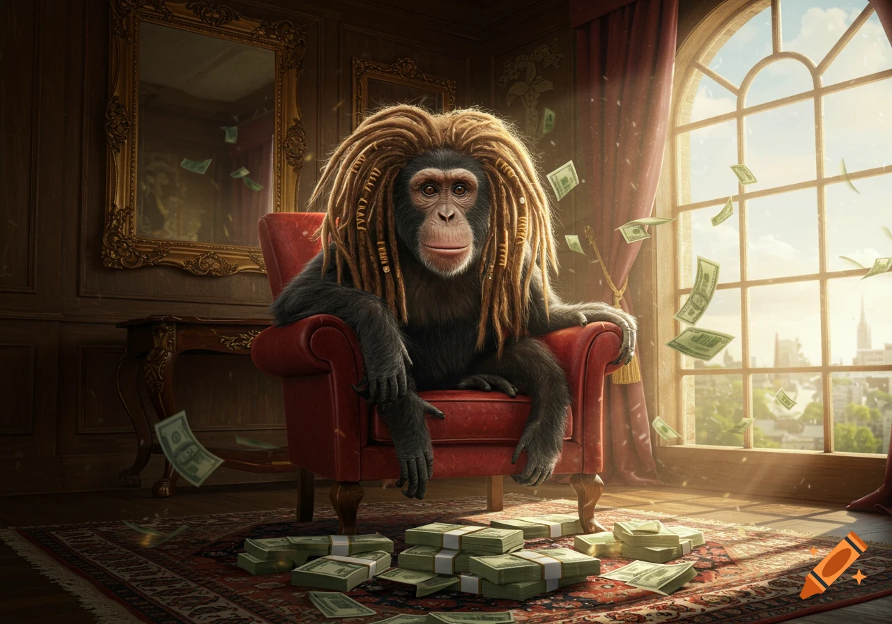 A chimpanzee with dreadlocks sits in a red armchair, surrounded by money in a luxurious room, photorealistic.