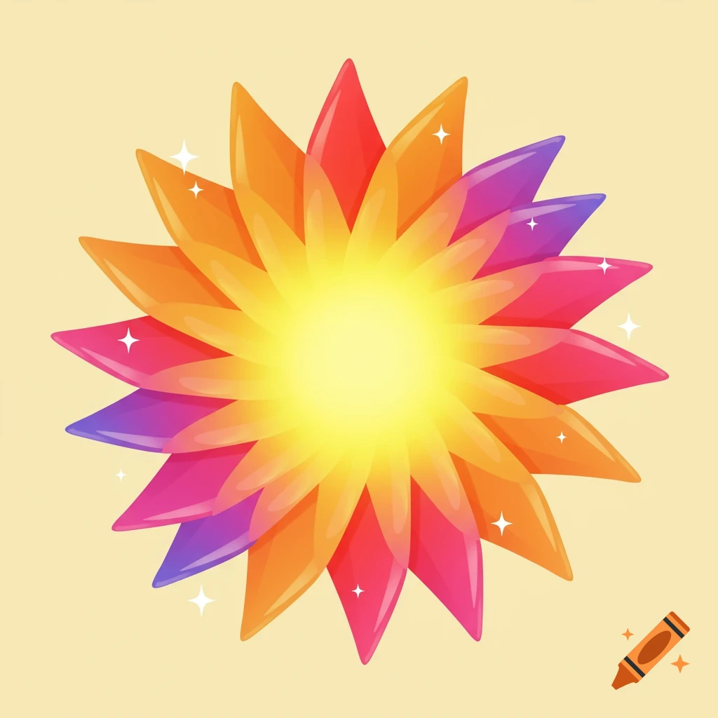 Colorful sunburst flower with gradient petals in orange, red, pink, and purple radiating from a bright yellow center, with small white sparkles on a light yellow background, in a clipart style.