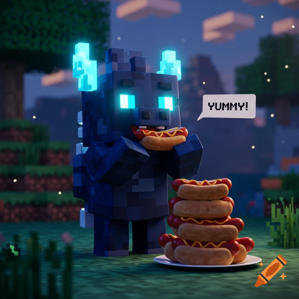A blocky navy blue Minecraft Warden with glowing blue eyes and horns eats a hotdog, saying 'YUMMY!', next to a stack of hotdogs. Voxel art style.