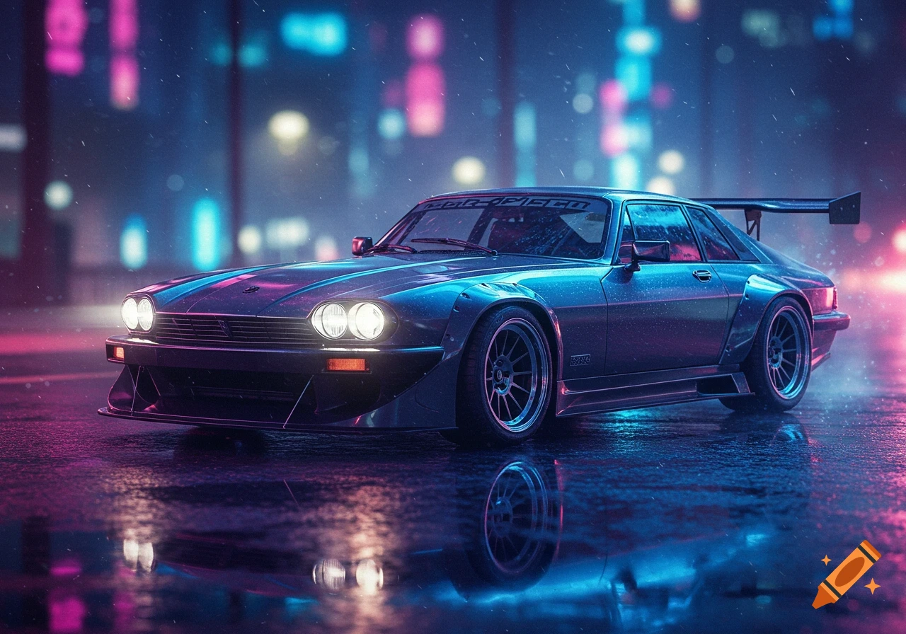 A blue Jaguar XJS with aerodynamic upgrades on a wet city street at night, illuminated by neon pink and blue lights, with reflections on the ground.