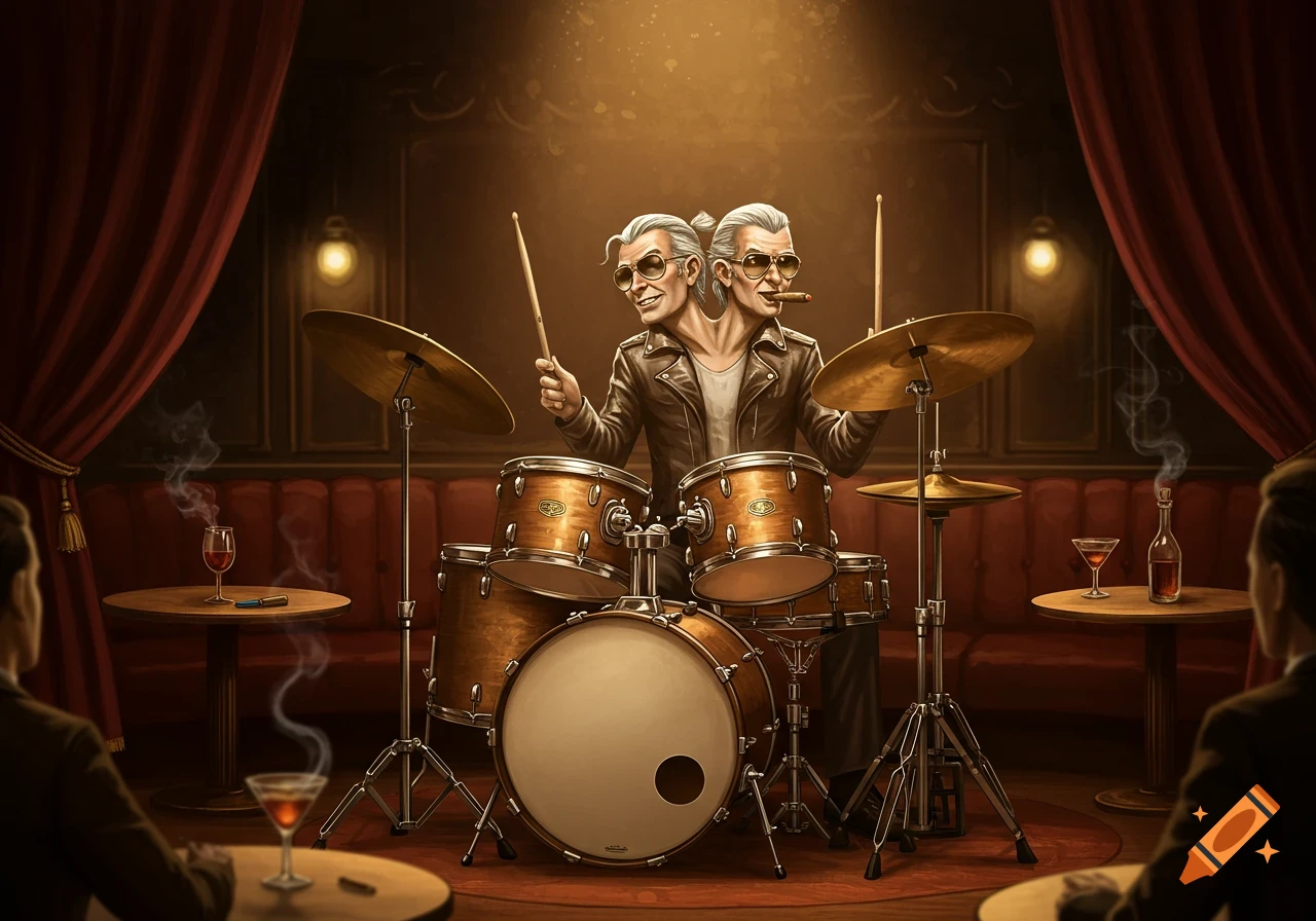 A two-headed drummer with silver ponytails, sunglasses, and a leather jacket performs on a drum kit in a dimly lit jazz club.