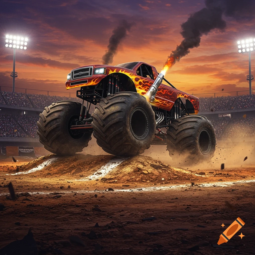A red monster truck with flame decals jumps over a dirt mound, billowing smoke and fire from its exhaust in a stadium at sunset.