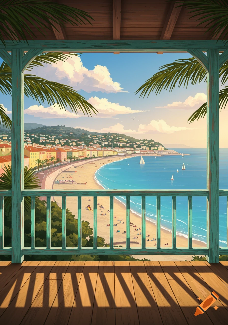 Illustrated view from a porch overlooking a sandy beach, turquoise ocean with sailboats, and a colorful coastal town with palm trees.