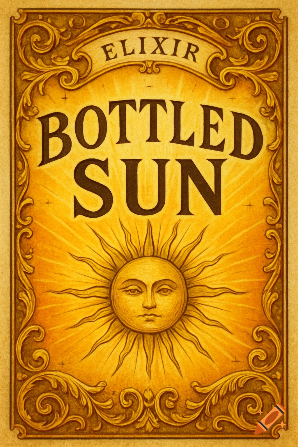 An ornate, golden apothecary label featuring a stylized sun face and the text 'ELIXIR BOTTLED SUN' in a vintage illustration style.