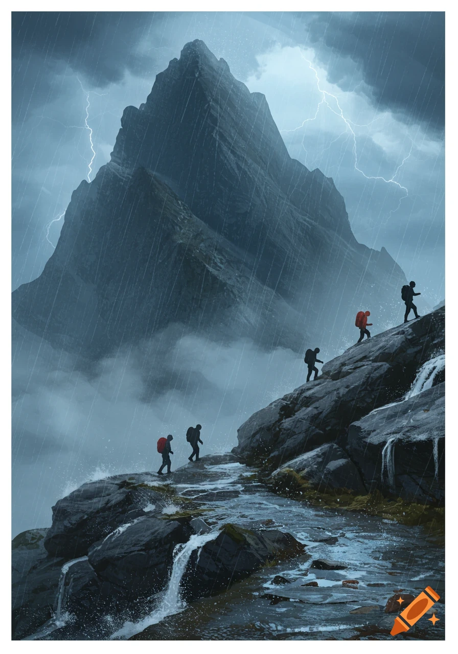 Silhouettes of hikers with backpacks ascend a rocky mountain path in heavy rain, with lightning illuminating the stormy sky.