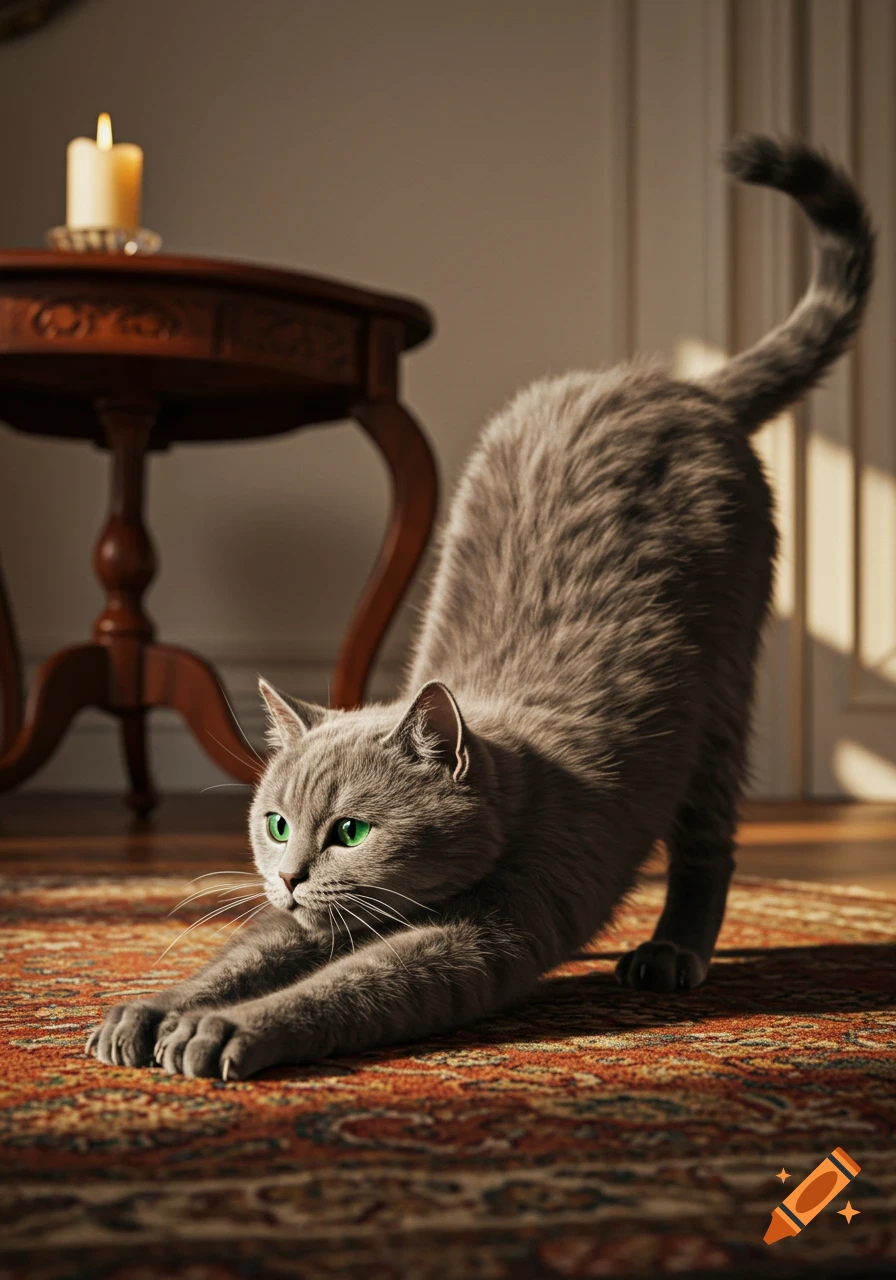 A photorealistic gray cat with bright green eyes stretches on an ornate rug indoors, with a lit candle on a wooden table in the background.