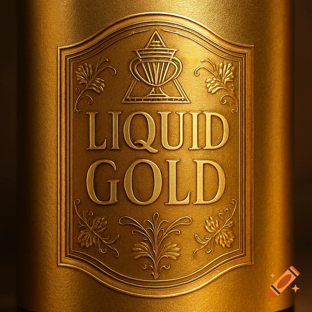 A close-up of a luxurious embossed gold label on a bottle, featuring the words 'LIQUID GOLD' and ornate flourishes.