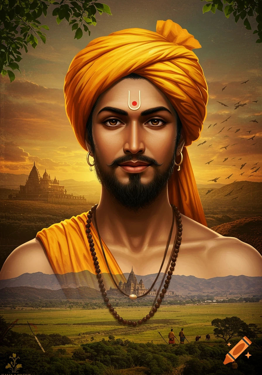 A close-up portrait of an Indo-Aryan man with a turban and tilak, set against a sunset landscape with ancient temples and birds.