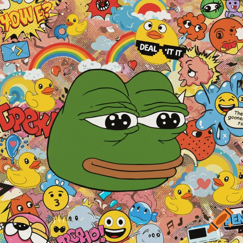 A colorful, busy pop art collage featuring a large Pepe the Frog in the center surrounded by various cartoon ducks, emojis, rainbows, and speech bubbles with text like "HOWE?" and "DEAL 'IT IT".