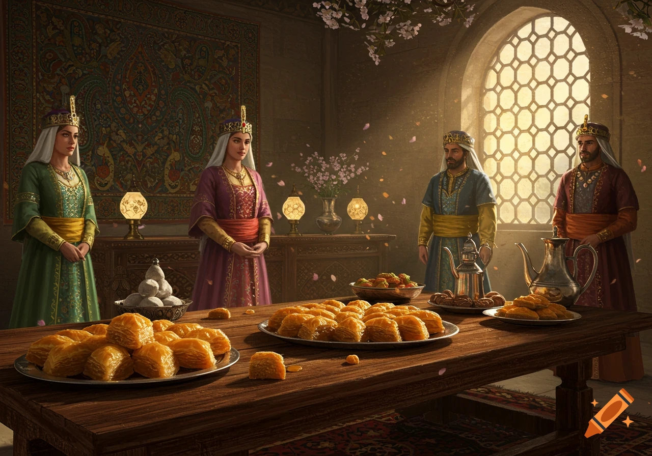Four people in opulent Sasanian attire stand in a lavish room with a table laden with baklava and pastries, bathed in sunlight from a patterned window.