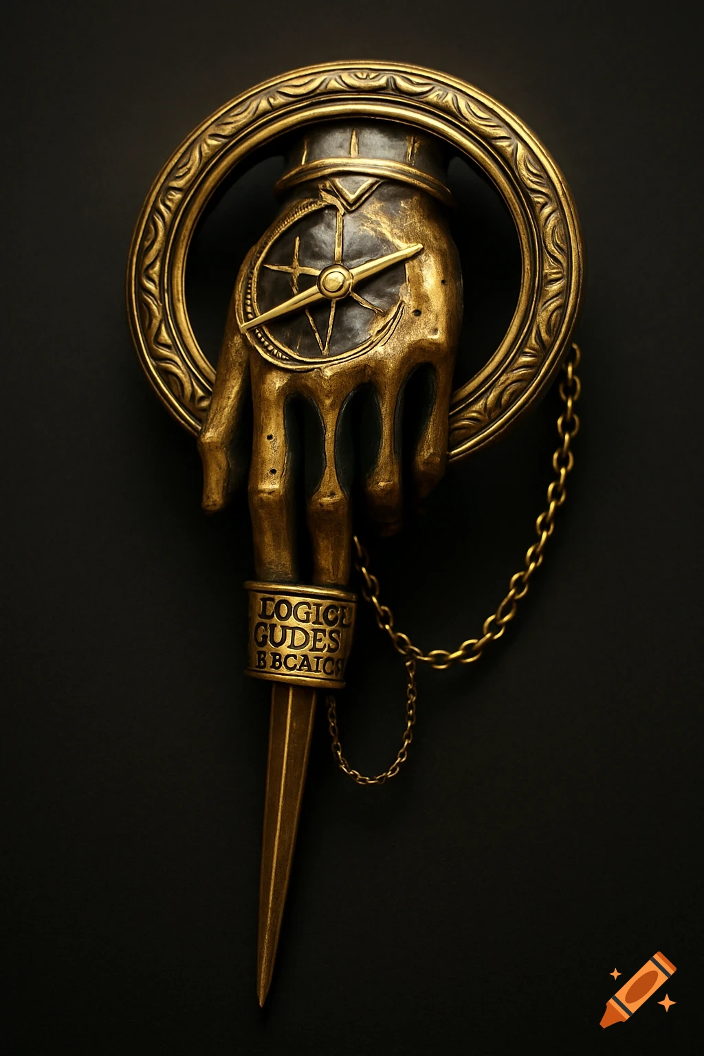 A highly detailed antique gold pin, shaped like a stylized hand holding a compass, with a decorative chain and a pointed base, against a dark background.