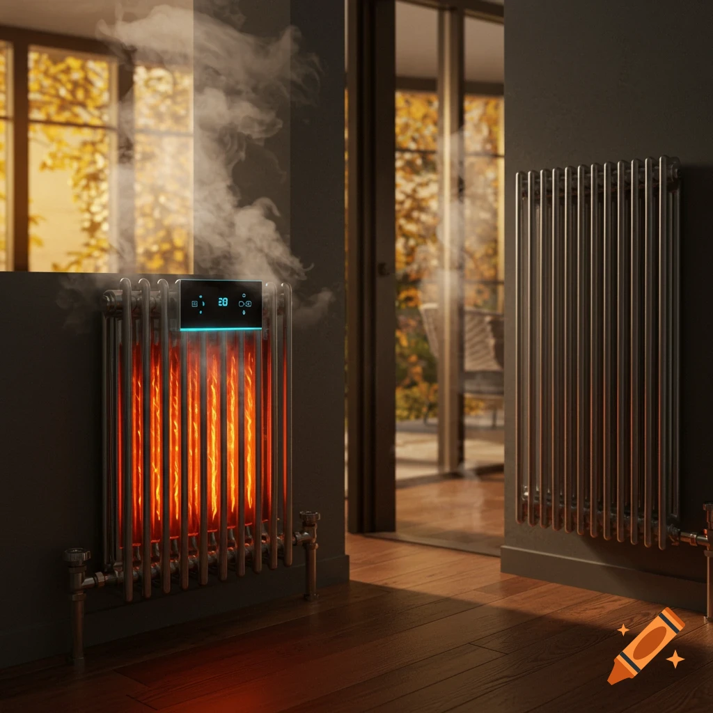 A modern radiator with glowing orange elements and steam, showing '20' on its digital screen, in a room with another radiator and windows.