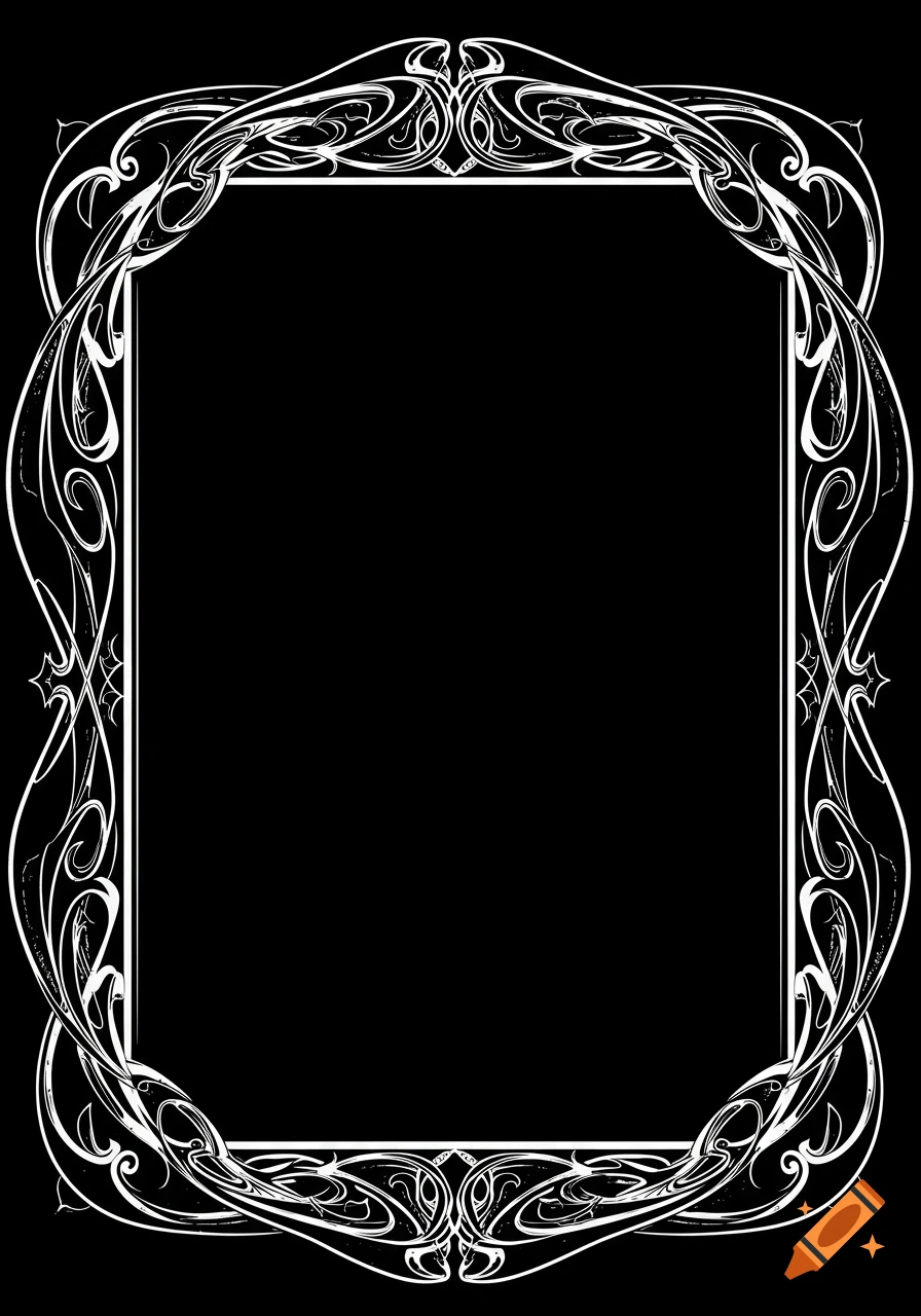 Ornate white Art Nouveau frame with decorative, swirling corners on a black background, in a vintage style.