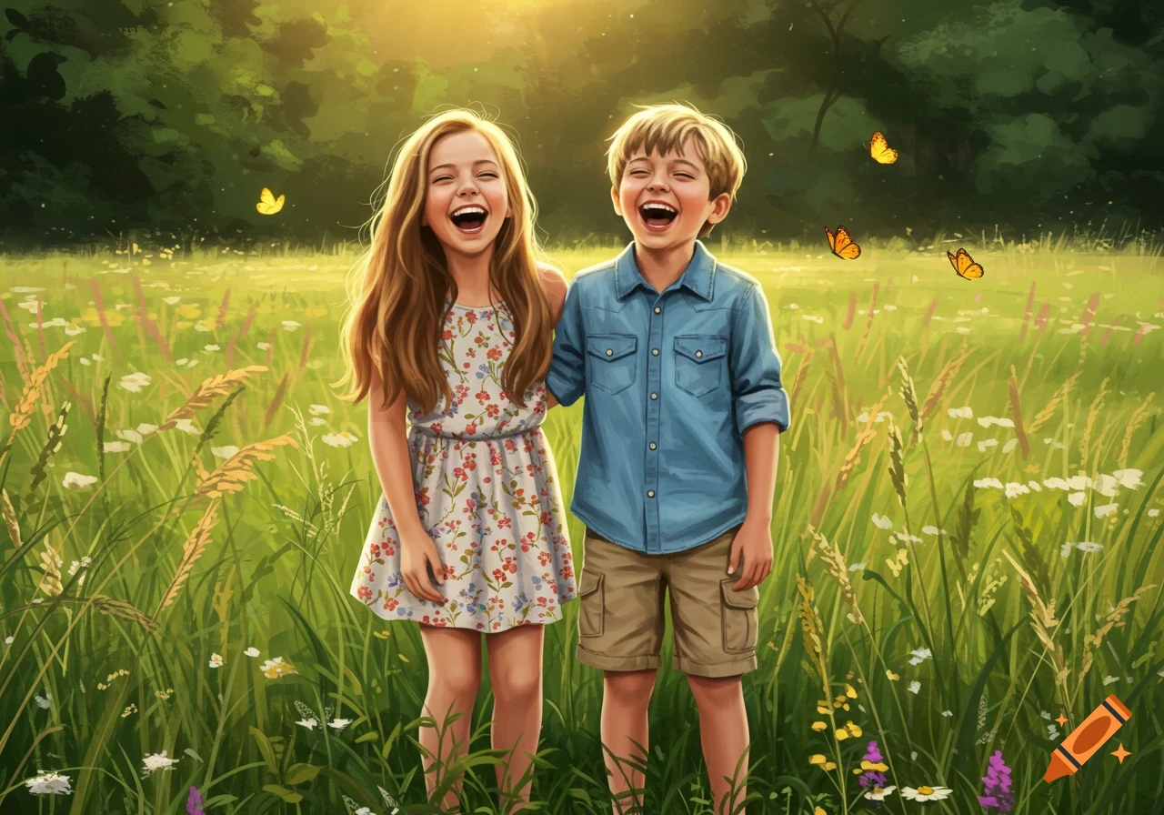 Two laughing children, a girl and a boy, stand embraced in a sunny green field with butterflies.