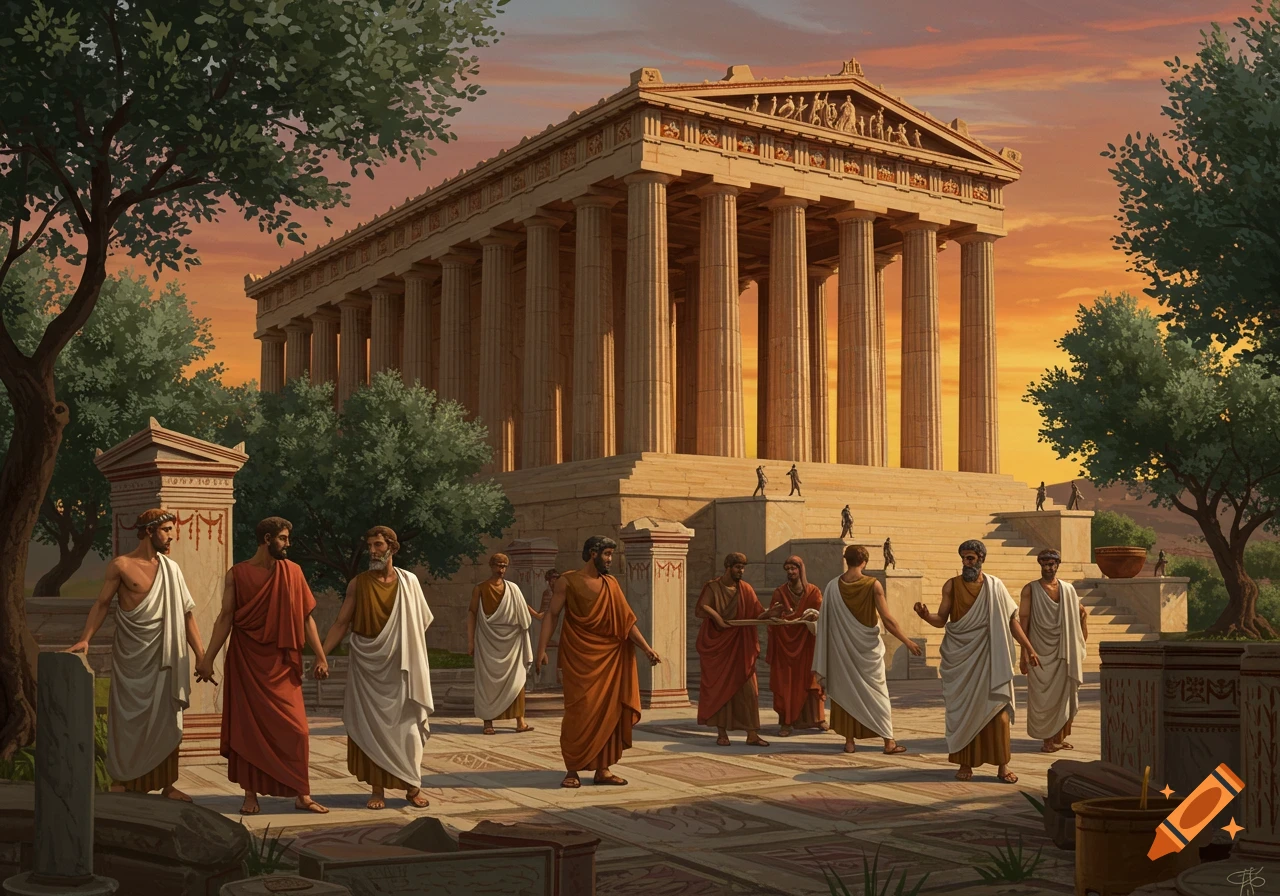 A vibrant illustration of an ancient Greek temple at sunset, with men in togas standing in the foreground and on the steps.