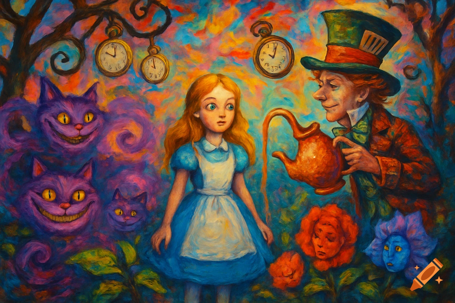 Vibrant, painterly scene from Alice in Wonderland with Alice, the Mad Hatter, grinning Cheshire Cats, and talking flowers.