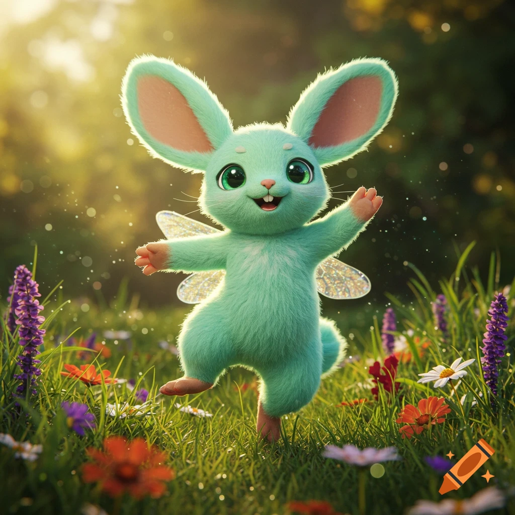 A fluffy, mint-green rabbit-like fairy creature with big ears, green eyes, and shimmering wings stands in a sunlit meadow filled with colorful wildflowers.